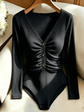 Women's Elegant Fitted V-Neck Ribbed Top with Golden Button Accents - Black