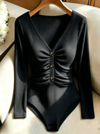 Women's Elegant Fitted V-Neck Ribbed Top with Golden Button Accents - Black