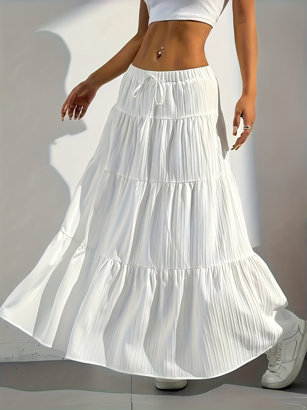Elegant Style 2025 Western Cross-Border Women'S New Solid Color Half Skirt with Tie-Back Flared Skirt Loose Half Skirt Women - White
