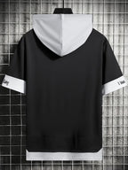 Color-Block Hooded Men'S Casual Letter Print Faux Two-Piece Short Sleeve T-Shirt - Black