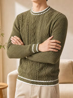 Black Friday, Christmas, Thanksgiving Pre-Heat, Men's Acrylic Blend Five-Color Options, Cable Knit, Contrast Stripe Ribbed Crew Neck Pullover Sweater with Contrast Stripes at Neckline, Cuffs, and Hem, Vintage Casual Daily Wear for Autumn/Winter - Green