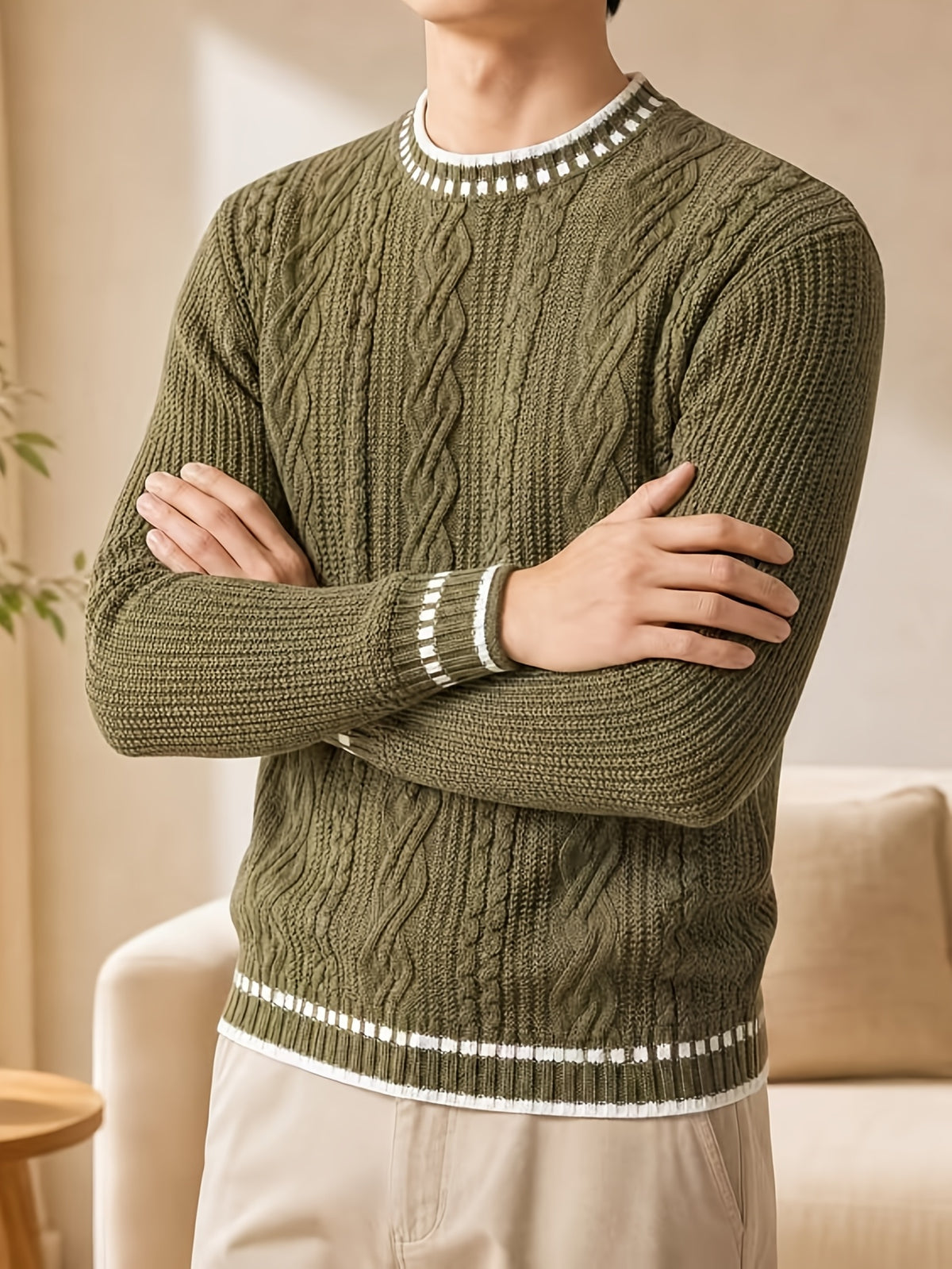 Black Friday, Christmas, Thanksgiving Pre-Heat, Men's Acrylic Blend Five-Color Options, Cable Knit, Contrast Stripe Ribbed Crew Neck Pullover Sweater with Contrast Stripes at Neckline, Cuffs, and Hem, Vintage Casual Daily Wear for Autumn/Winter - Green