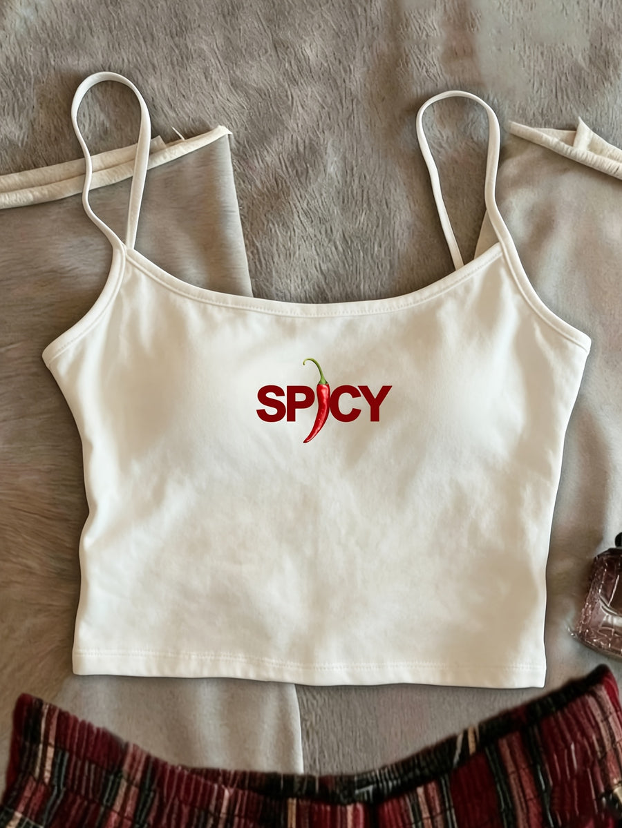 SPICY Chili Letter Print Short Suspender Hot Slim Fit And Exposed Waist Vest - White