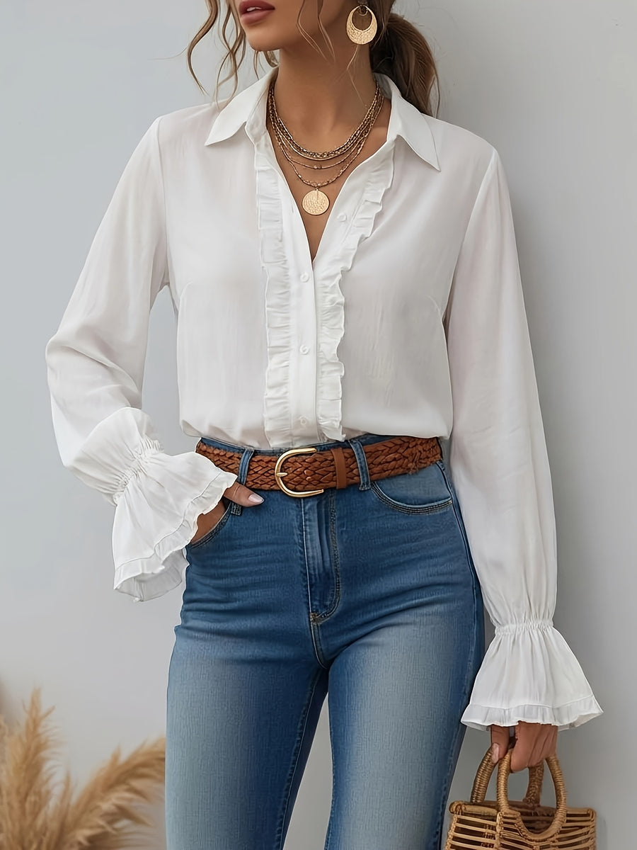 Women'S Solid Elegant Ruffled Button-Up Long Sleeve Shirt - White