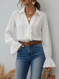 Women'S Solid Elegant Ruffled Button-Up Long Sleeve Shirt - White