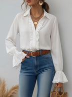 Women'S Solid Elegant Ruffled Button-Up Long Sleeve Shirt - White