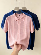 Men 3pcs Vertical Textured Knit Polo Shirts, Slim Fit Notch Collar Short Sleeve Knitwear, Lightweight Comfort Shirts for Office Vacation Daily Wear - Black-Dark Blue-Pink