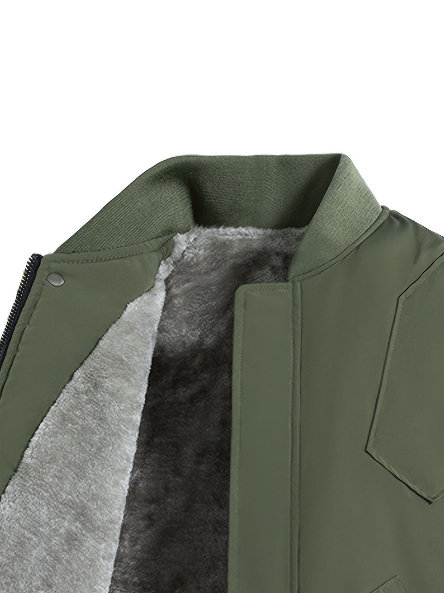 DIFFELEMENT 1pc Men's -Lined Thickened Baseball Collar Flight Jacket, Windproof and Warm with Inner Lining, Outer Jacket with Zipper Pockets, Zipper Cardigan Jacket, Regular Fit Design, Suitable for Daily Casual Wear and Outdoor Activities for Cold - Military Green