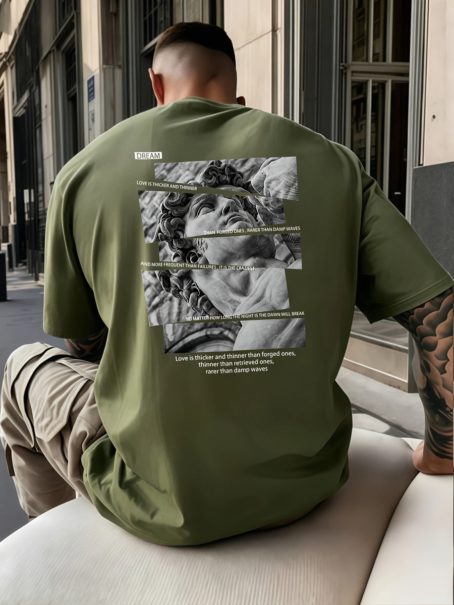 Casual Streetwear Style, Men'S T-Shirt, Classical Statue Collage with Love Quote Print, Summer Urban Outdoor Wear, Gift for Boyfriend Or Fashion Enthusiast - Military Green