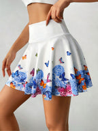 Ladies' Fashionable Elastic Skirt Pants with Butterfly Print | Casual Style, Summer Season, Suitable for, Commuting, Includes Pockets - White