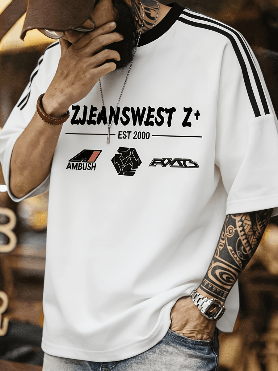 Summer Men'S Striped Street Style T-Shirt Casual Hip-Hop Round Neck Men'S Retro with Print Color-Block Collar Top Athletic Striped Short Sleeve - White