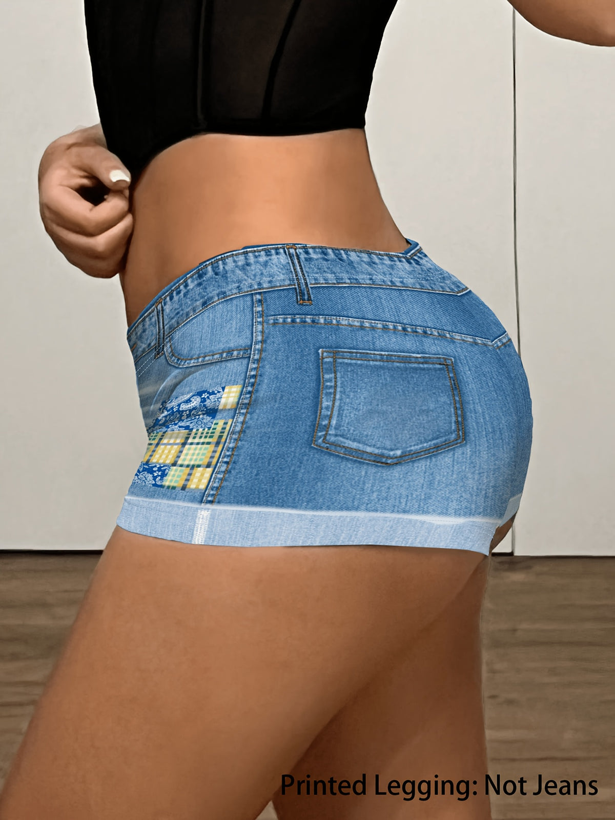 [Printed Pants - Not Faux Denim Fabric]26Ss Summer Women'S All-Match Spicy Style Tight Shorts Imitation Faux Denim Effect Printed Design Detail Texture Realistic Elastic Fabric Comfortable to Wear Suitable for Summer Outing Women'S Travel Essential - Deep Sky Blue