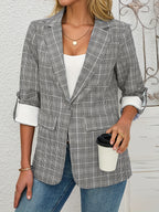 1pc Elegant Women'S Plaid Blazer - Polyester H-Fit Long Sleeve Jacket with Pockets, Single Button Front, Woven Weave for Fall Season - White
