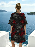 Dark-style Rose and Skull Print V-neck Dress, Featuring a Cool Snake Print and Dice Combination Pattern. Clean-cut Tailoring with a Relaxed Fit That Flatters All Body Types. Offers a Unique, Trendy, and Edgy Vibe, Perfect for Themed Parties - Mixed colors