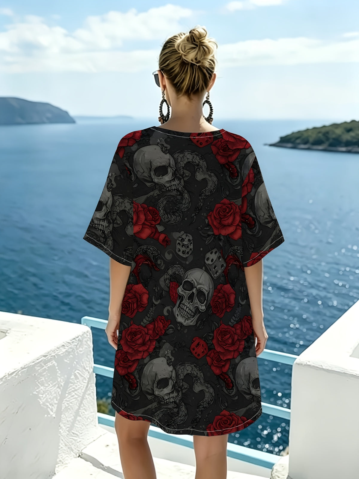 Dark-style Rose and Skull Print V-neck Dress, Featuring a Cool Snake Print and Dice Combination Pattern. Clean-cut Tailoring with a Relaxed Fit That Flatters All Body Types. Offers a Unique, Trendy, and Edgy Vibe, Perfect for Themed Parties - Mixed colors