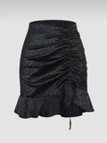 Elegant Directional Leopard Print Drawstring Tie Ruffled Short Skirt - Black