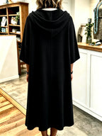 Plus Size - Spring Autumn New Waffle Half-Zip Hooded Sweatshirt Dress Women'S Loose Plus Size Three-Quarter Sleeve Drawstring Pocket Mid-Length Casual Style Solid Color Pullover Dress - Black