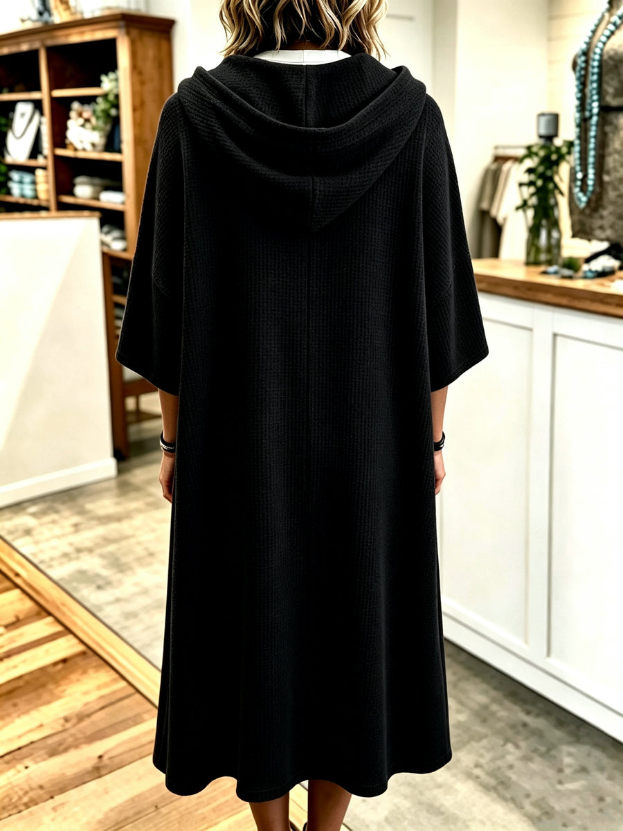 Plus Size - Spring Autumn New Waffle Half-Zip Hooded Sweatshirt Dress Women'S Loose Plus Size Three-Quarter Sleeve Drawstring Pocket Mid-Length Casual Style Solid Color Pullover Dress - Black