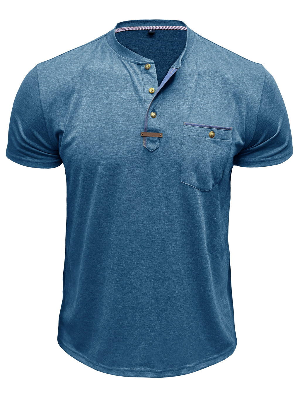 Men'S Solid Color Short Sleeve Henley Neck T-Shirt, Fashionable Summer Men'S Wear Casual Round Neck Top - Blue