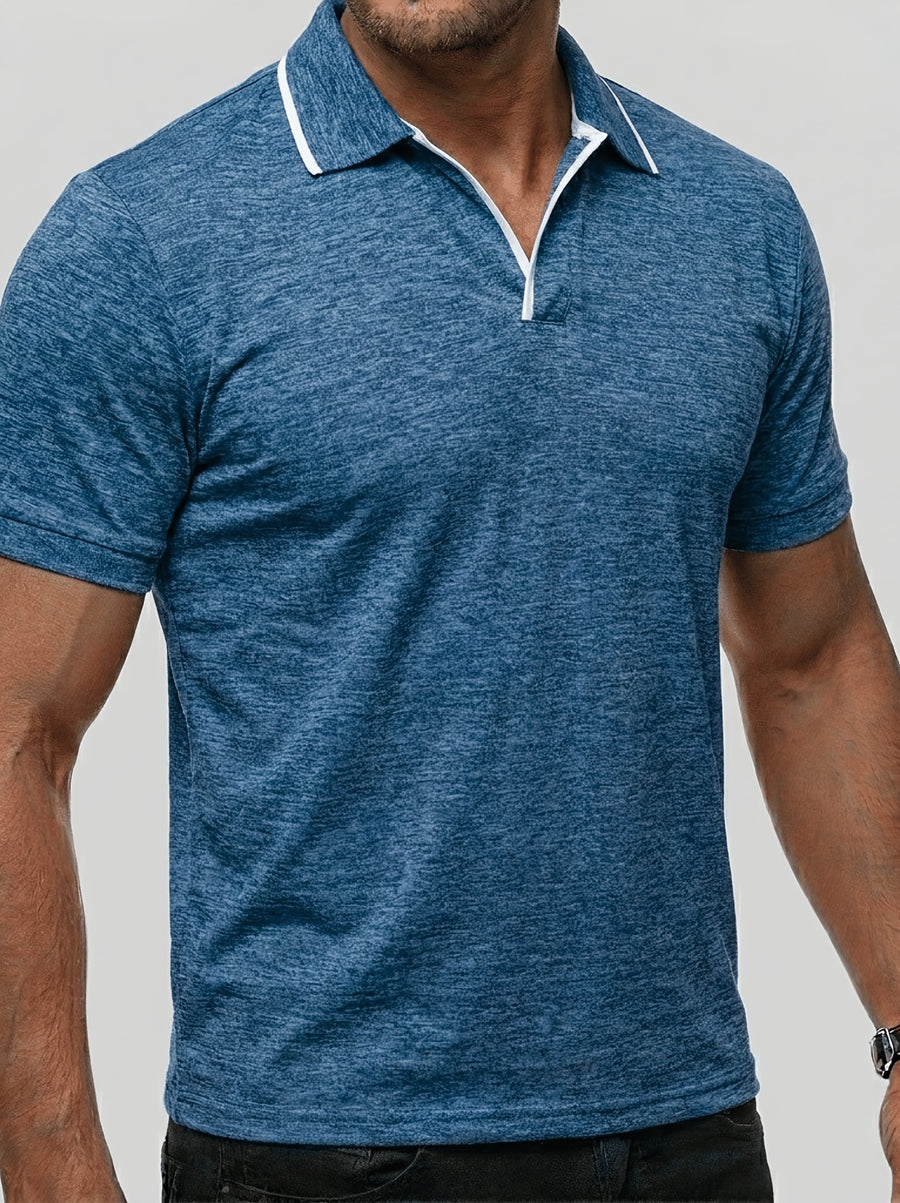 Summer Men'S Short Sleeve T-Shirt, Men'S Business Shirt, Round Neck Lapel Contrast Men'S T-Shirt, Casual Party, Suitable for Various Styles, Travel, Golf, Daily, Suburban Tourism, Family Travel, Parent-Teacher Meeting, Casual Short Sleeve Top, Knit - Dark Blue 1
