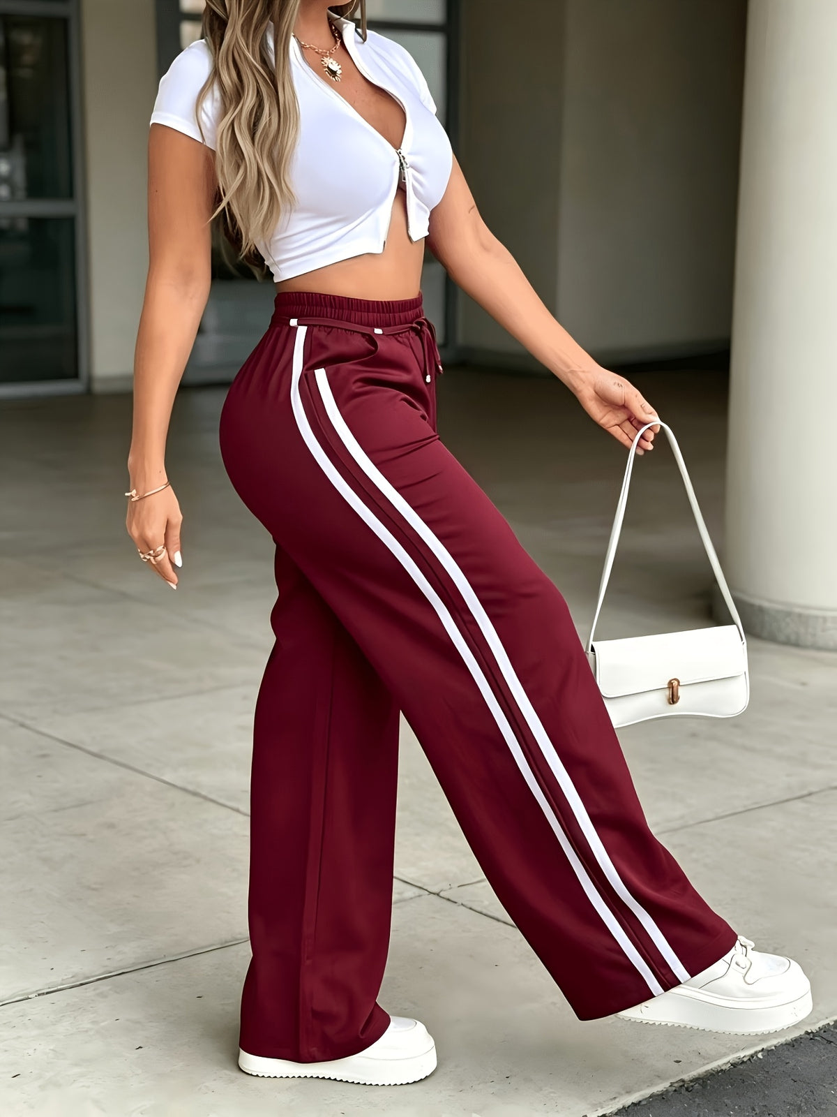 Women's Elastic High-Waist Drawstring Side Seam Drawstring Accent Casual Pants - Burgundy