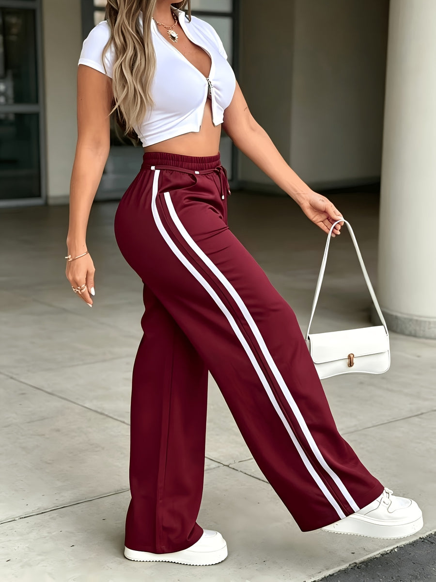 Women's Elastic High-Waist Drawstring Side Seam Drawstring Accent Casual Pants - Burgundy