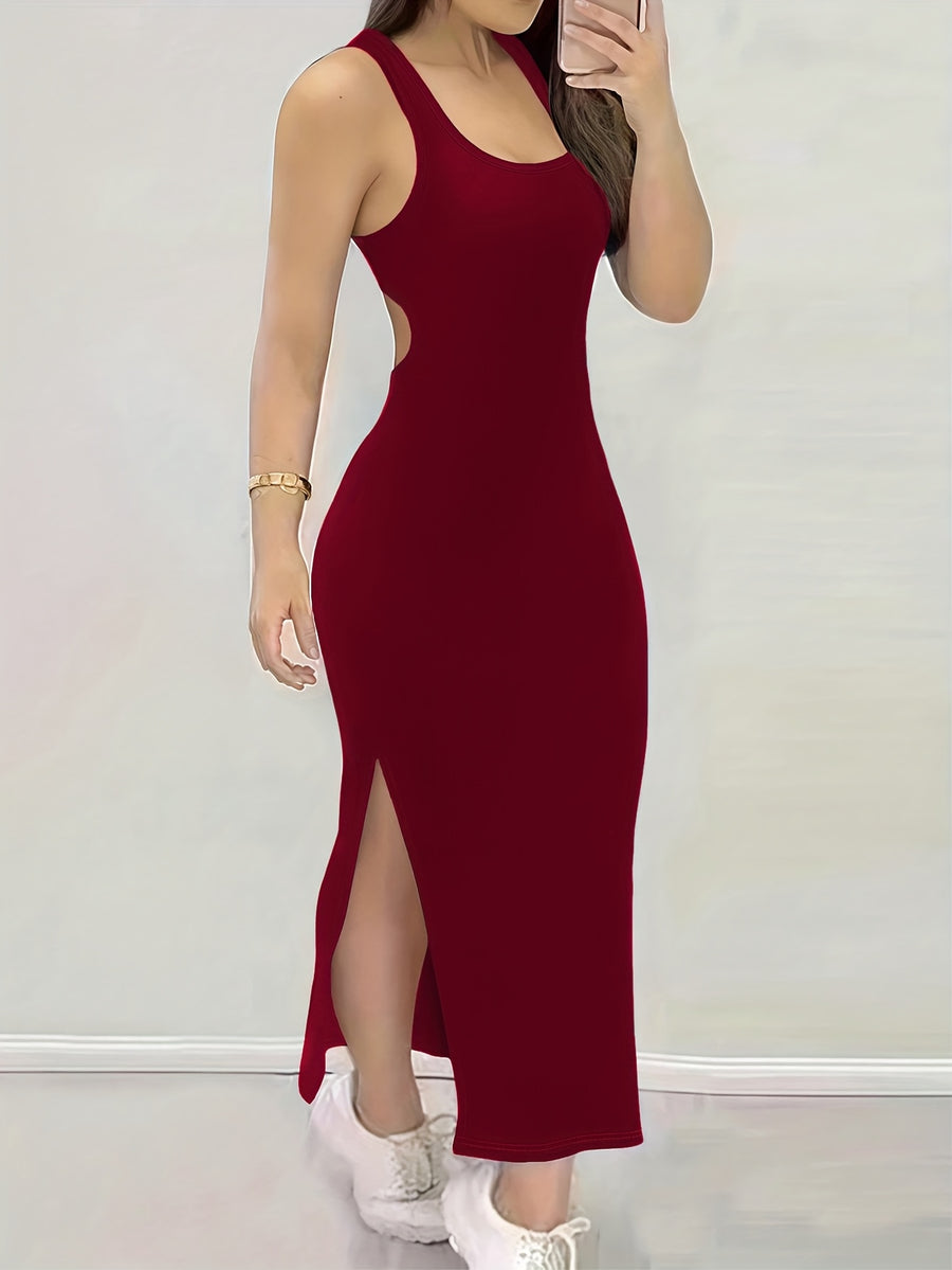 Essential for a -Like Vacation: a Summer Elegant Solid Color Backless Dress with a Crisscross Strap Design That Highlights a Charming Back, Showcasing a Lazy Yet Sexy Allure - Burgundy