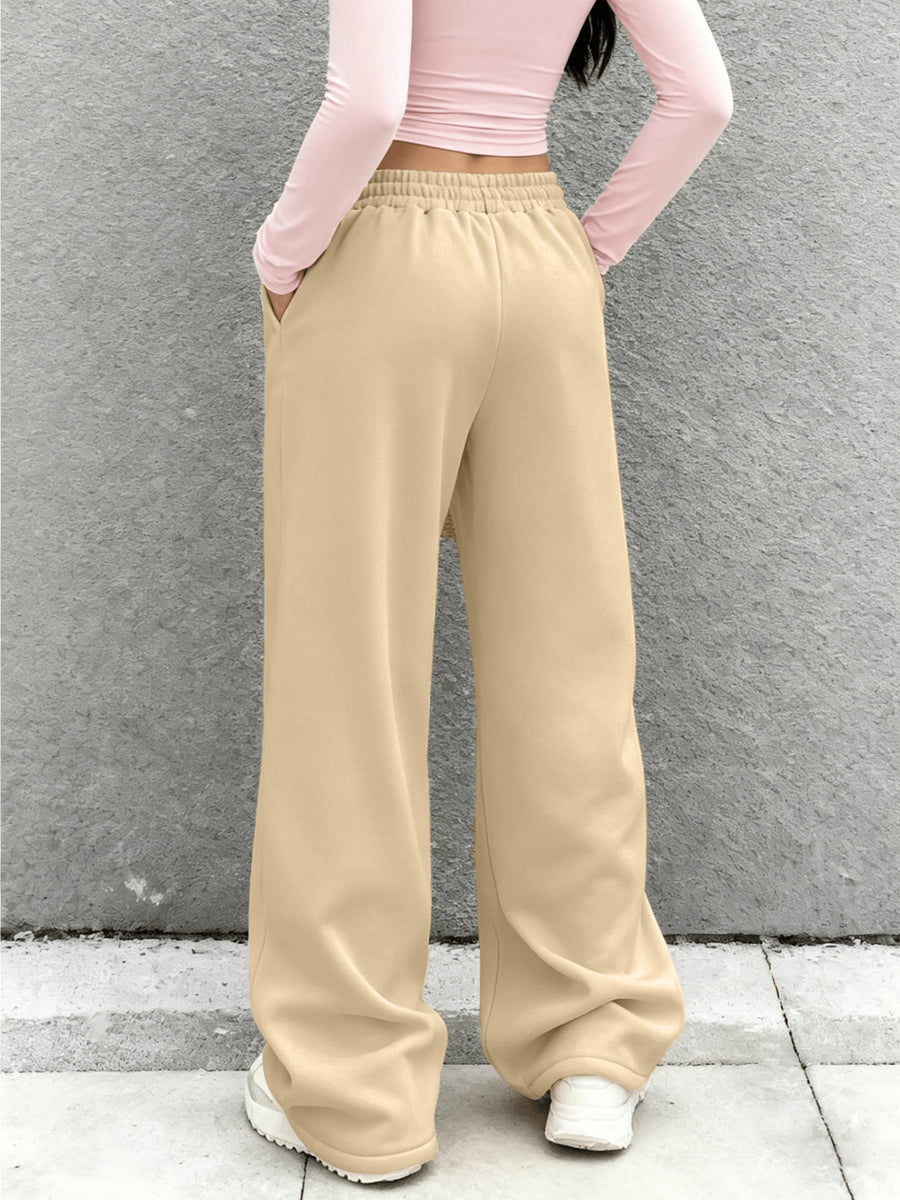 Women's Solid Color Wide-Leg Pants - Elastic Waist & Drawstring Pocket Sweatpants, Loose-Fit Full-Length Trousers for Casual Casual Attire, Lounge, Office & All-Season Comfortable (No  Needed) - Machine Washable Solid Coloration - Apricot