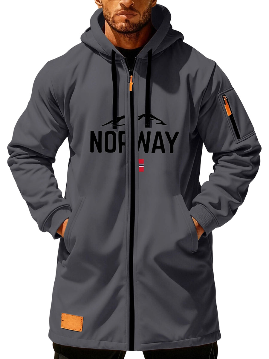 Men'S Long Hooded Trench Coat with Full Zipper, Featuring NORWAY Themed Letters, Mountain And Flag Prints, Side Arm Zip Pockets, And a Leather Label at The Hem - Dark Gray
