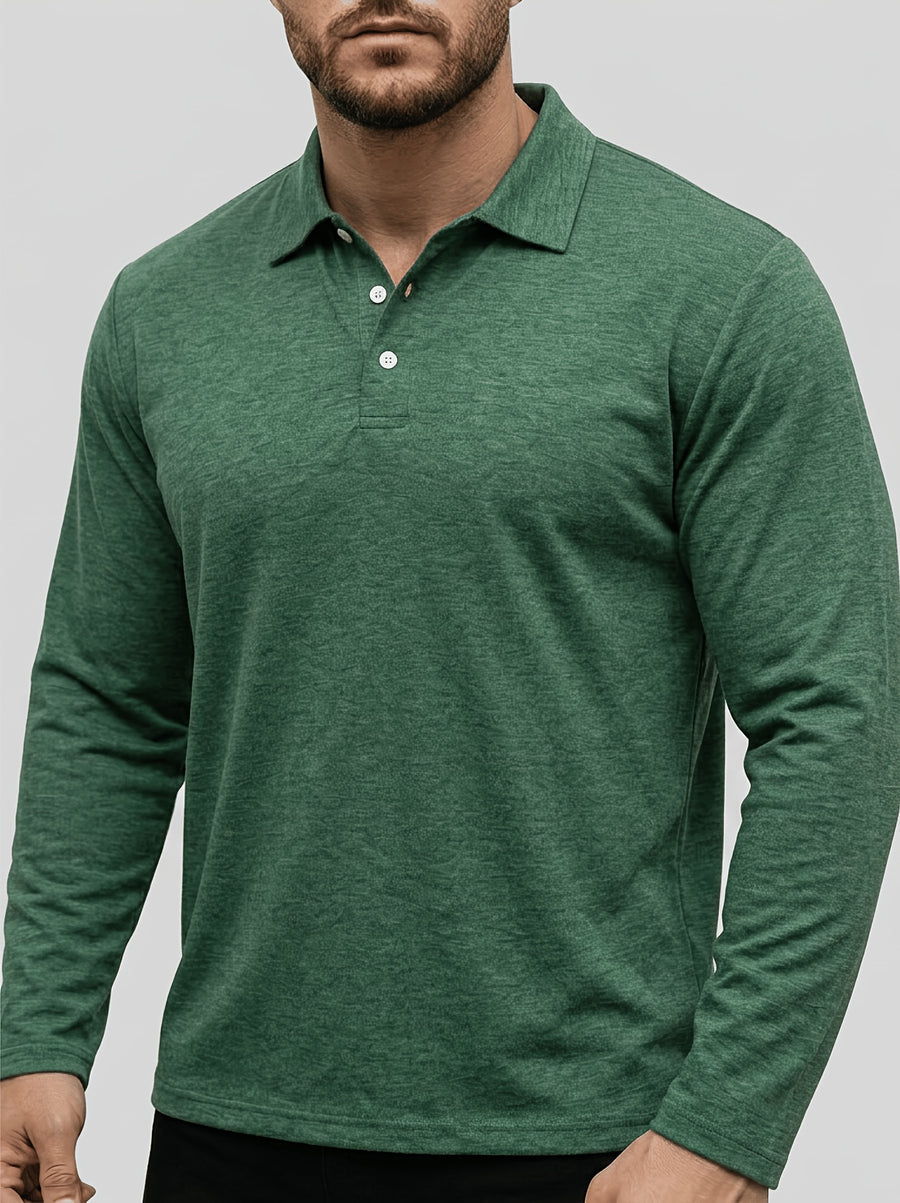 Spring/Autumn Men's Long-Sleeve T-Shirt, Men's Business Shirt, Open-Collar Lapel Color-Block Men's T-Shirt, Casual Party Wear, Suitable for Various Styling Combinations, Travel, Golf, Daily Wear, Suburban Outings, Family Trips, Parent-Teacher - Green