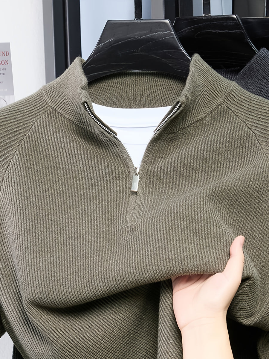 SINBOS Men's Half-Zip Stand Collar Sweater - Low-Saturation Earth Tones, Soft Ribbed Knit Zippered Cardigan, Stand Collar & Half-Zip Front Suitable for Business Casual & Minimalist Winter Wear, Autumn Winter Layering Piece - Grass Green