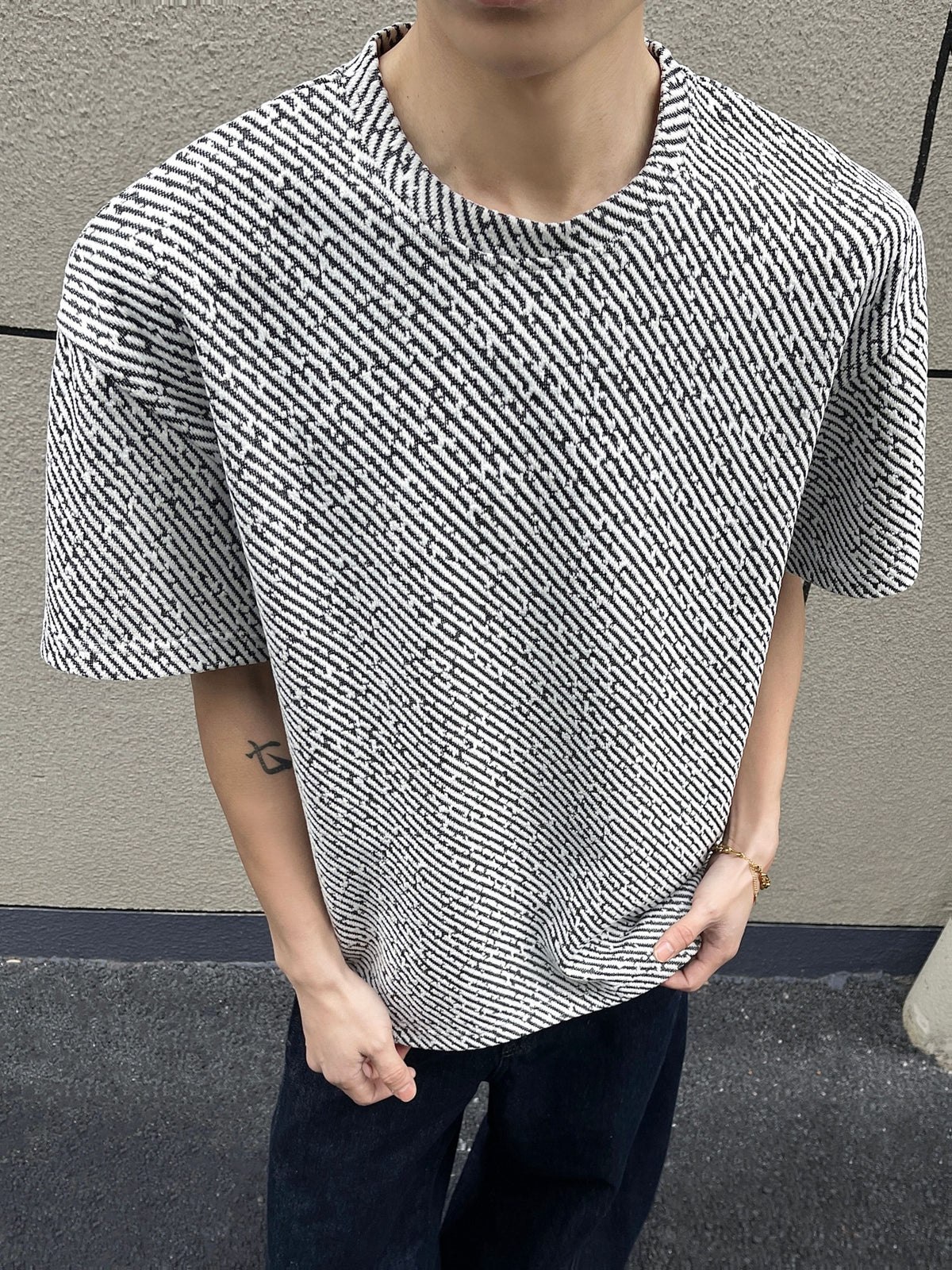 Men'S Hong Kong Style Highlight Twill Short-Sleeve T-Shirt, Summer Lazy Style Loose Crew Neck Half-Sleeve Top - White