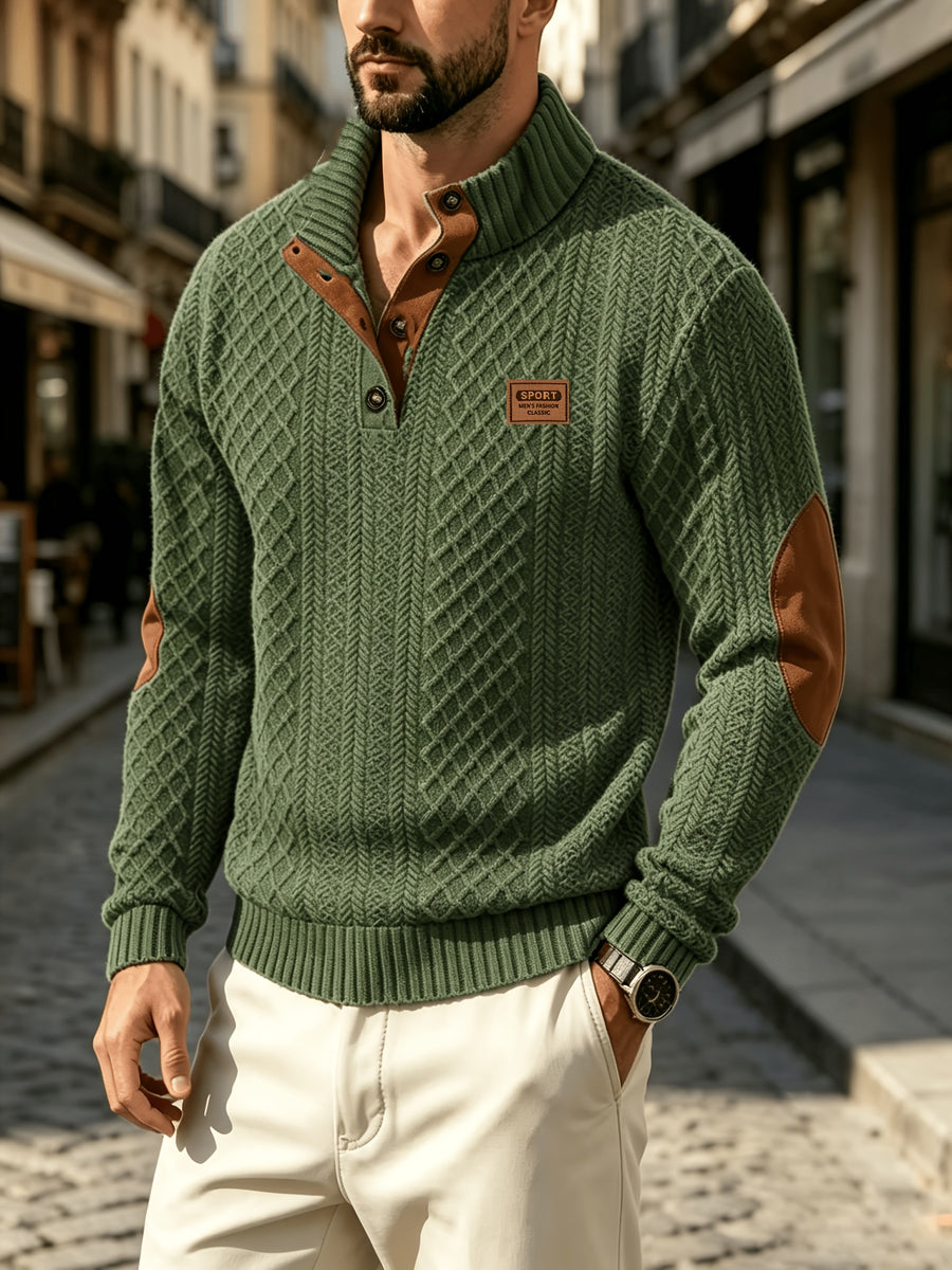 Men'S Casual Sports Sweater, Knit Sweater, American Casual Textured Diamond Knit Top, Men'S Stand Collar Contrast Color Button-Up Loose All-Match Retro Velvet Sweater Jacket, Autumn Winter Casual Sweater, Multi-Color Available - Military Green