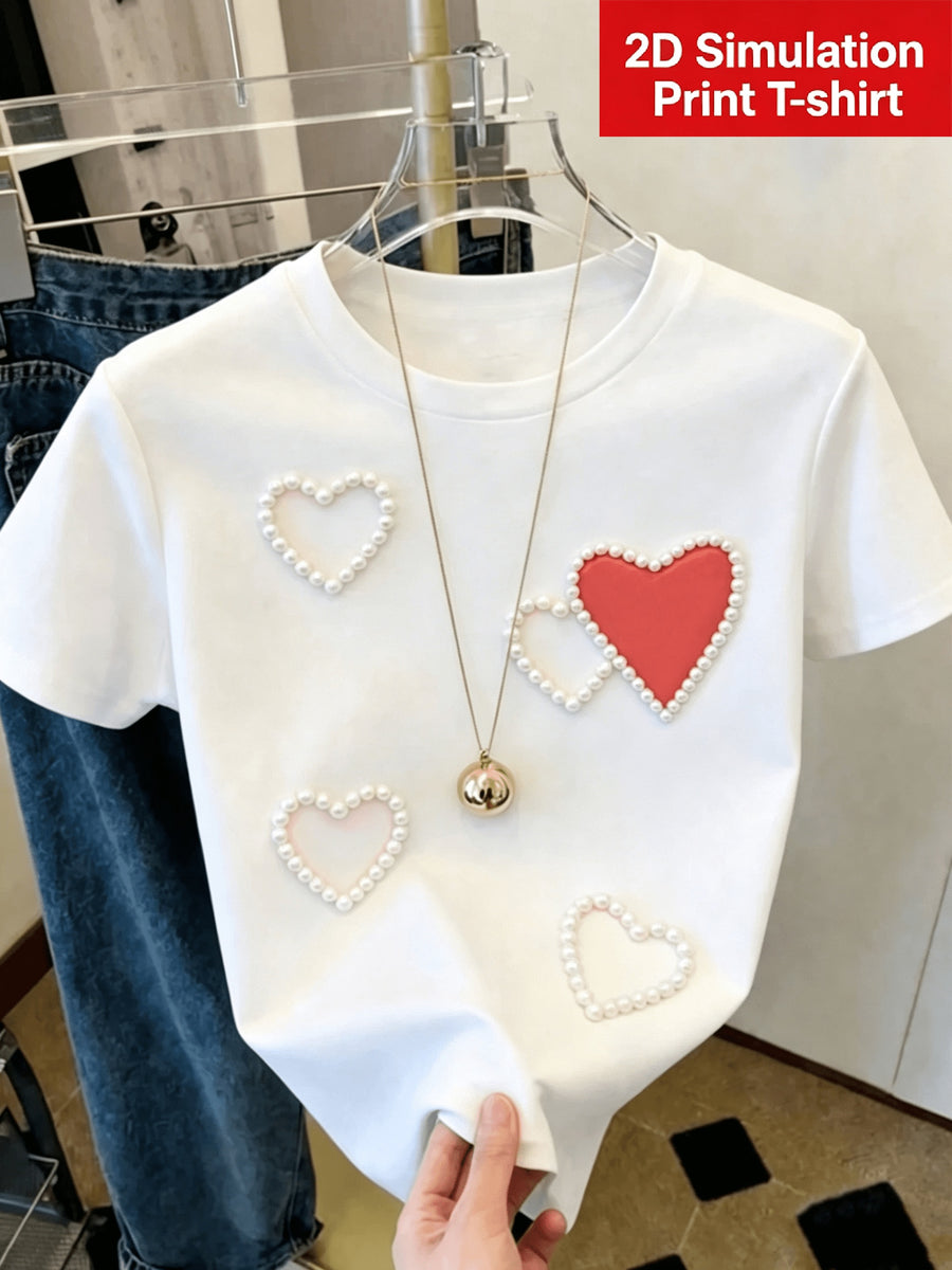 [Printed Design - Not Textured] Women'S White Trendy Coquette Heart Print T-Shirt, Elegant Graphic Design, Soft Casual Daily Top - White 1