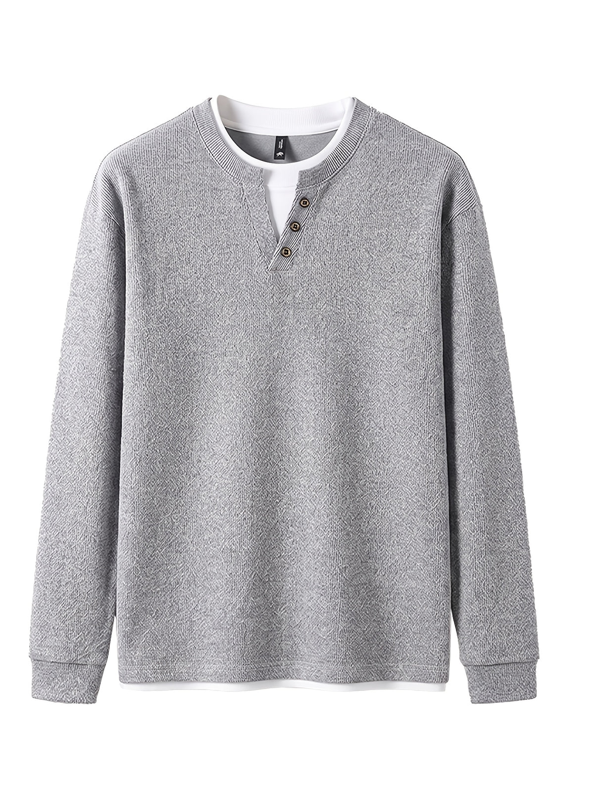 Autumn/Winter New V-Neck Button Design Color-Blocked Spliced Crew Neck Men's Sweater, Thickened Warm Versatile Casual Knitwear, Skin-Friendly and Comfortable, Durable and Breathable Pullover Men's Top BD26806 - Light Grey