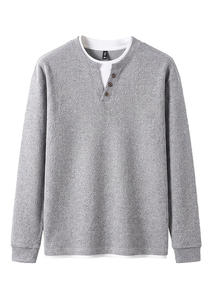 Autumn/Winter New V-Neck Button Design Color-Blocked Spliced Crew Neck Men's Sweater, Thickened Warm Versatile Casual Knitwear, Skin-Friendly and Comfortable, Durable and Breathable Pullover Men's Top BD26806 - Light Grey