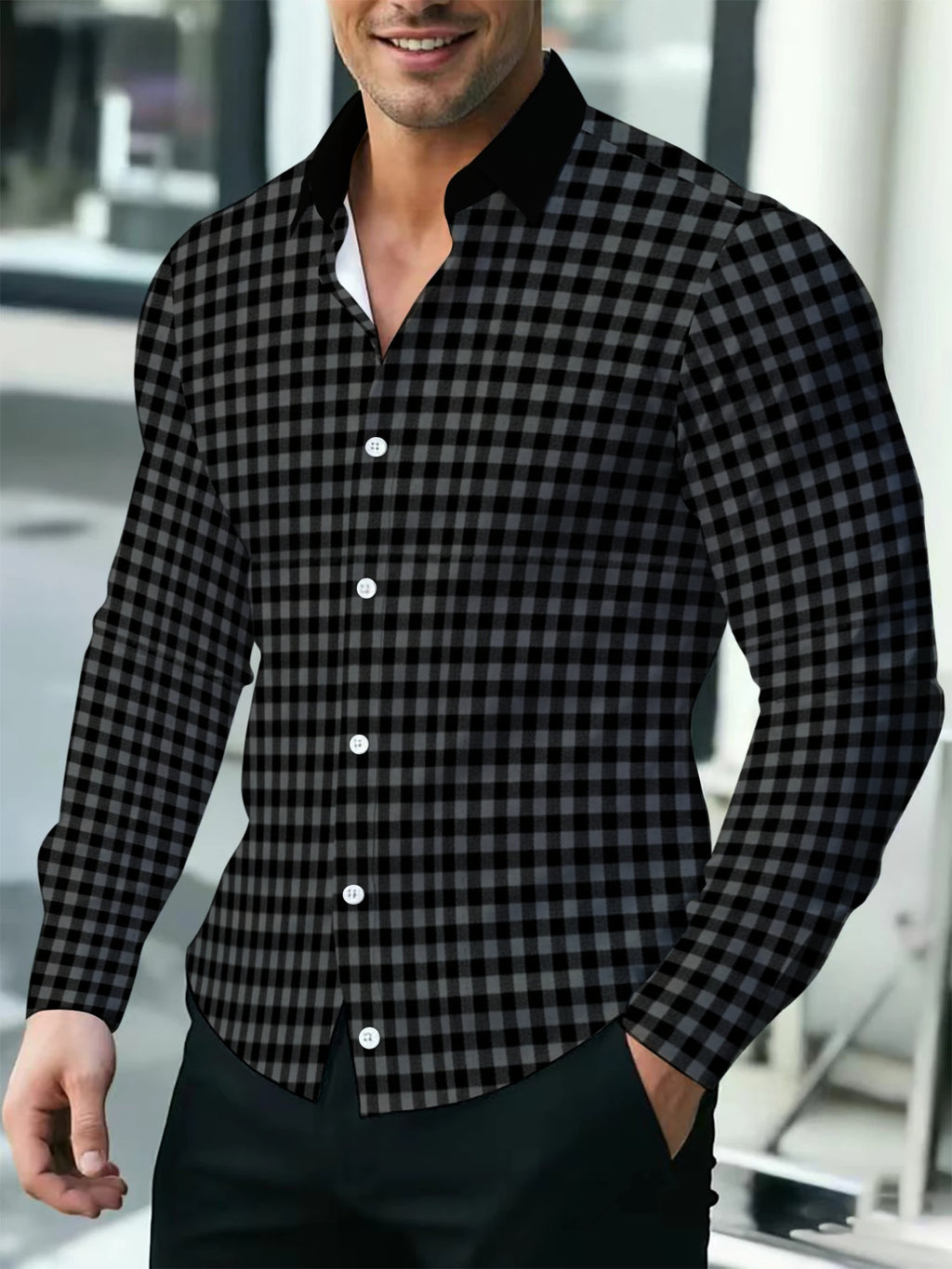 Men's Plaid Long-Sleeve Shirt, Casual Business Dress Shirt, Black Checkered Slim Fit, Spring/Autumn Fashion Men's Top - Mixed colors