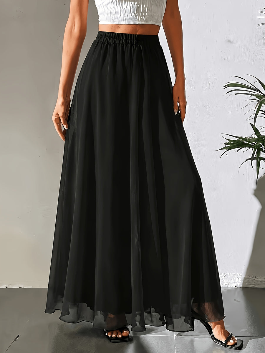 Women'S Chiffon A-Line Skirt, with Lining, Loose And Easy to Wear, Casual Elastic Waist, All-Season Wear, Suitable for Daily Leisure, Commuting, Convenient And Lightweight - Black
