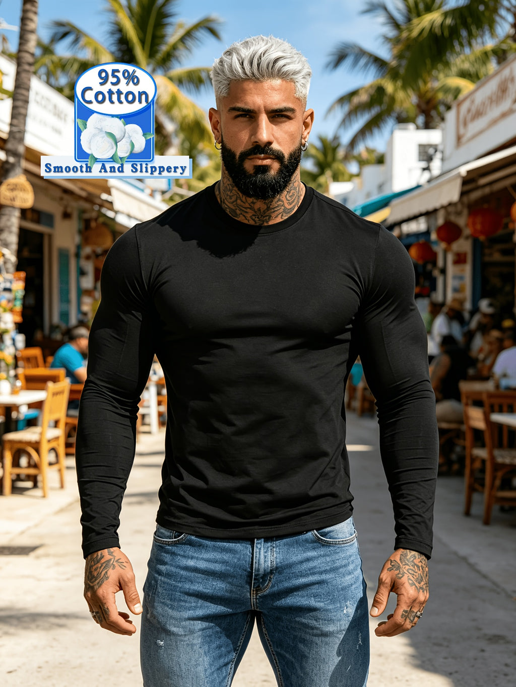 New Spring/Summer Men's Top, Fashionable Sporty Cotton Crew Neck Long Sleeve, Casual and Comfortable, Lightweight Summer Outerwear, Trendy Style - Black