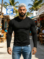 New Spring/Summer Men's Top, Fashionable Sporty Cotton Crew Neck Long Sleeve, Casual and Comfortable, Lightweight Summer Outerwear, Trendy Style - Black