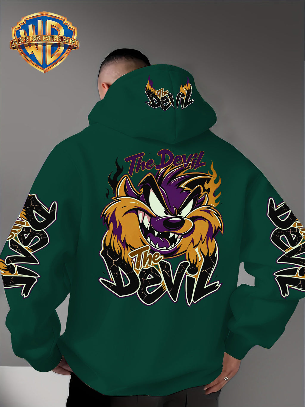 Le Yitong Big Mouth Monster The Devil Flame Print Hooded Sweatshirt, with Sleeve Print Design, Kangaroo Pouch And Drawstring Hood, Suitable for Autumn/Winter Casual Wear And Outdoor Activities - Green
