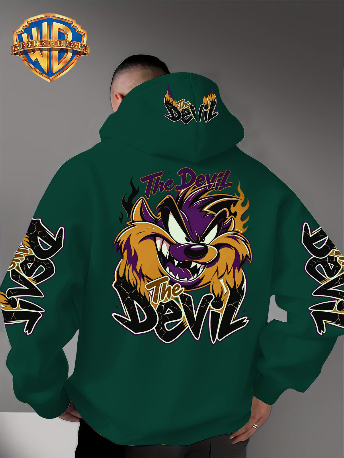 Le Yitong Big Mouth Monster The Devil Flame Print Hooded Sweatshirt, with Sleeve Print Design, Kangaroo Pouch And Drawstring Hood, Suitable for Autumn/Winter Casual Wear And Outdoor Activities - Green