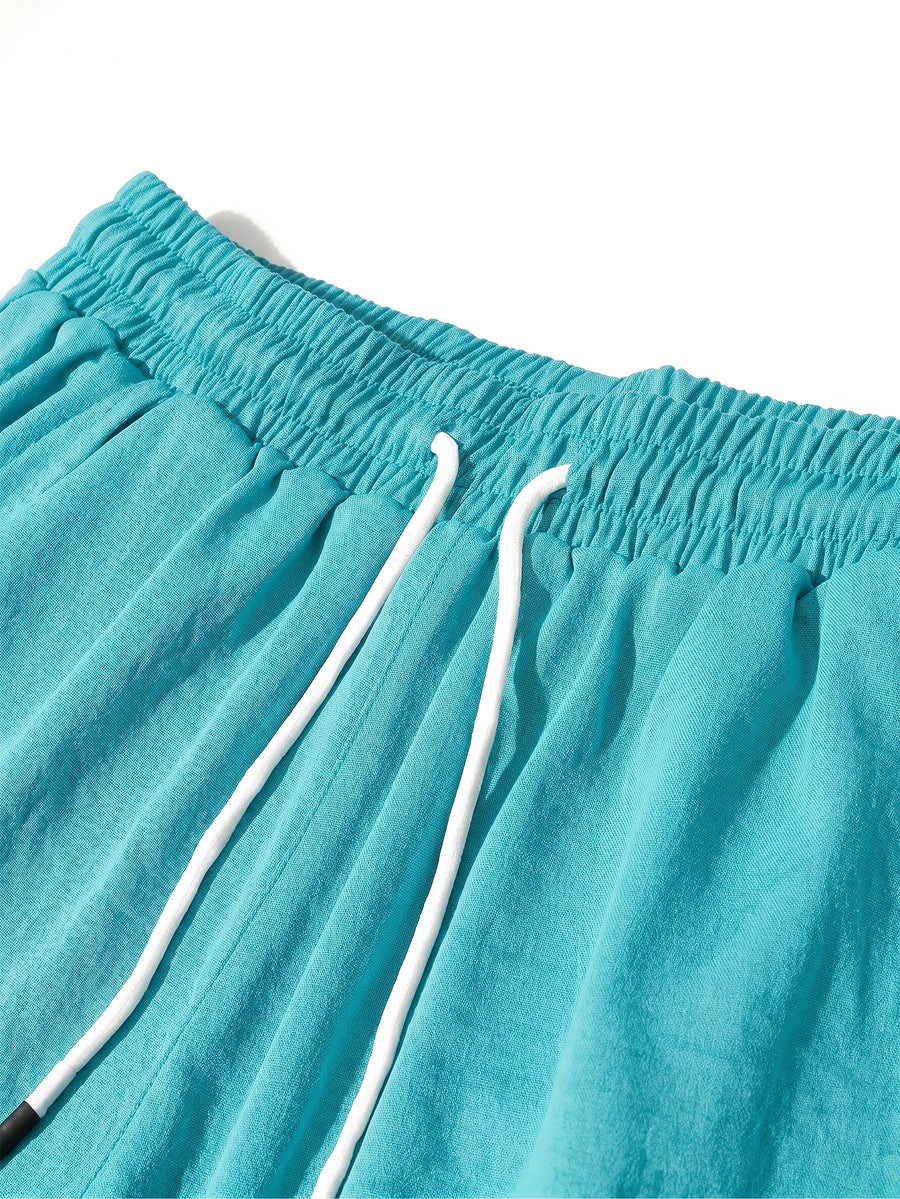 Summer Women's Cropped Cargo Pants with Stylish Pocket Design, Drawstring Elastic Waist Casual Long Pants, Suitable for Outdoor and Daily Wear - Lake Blue