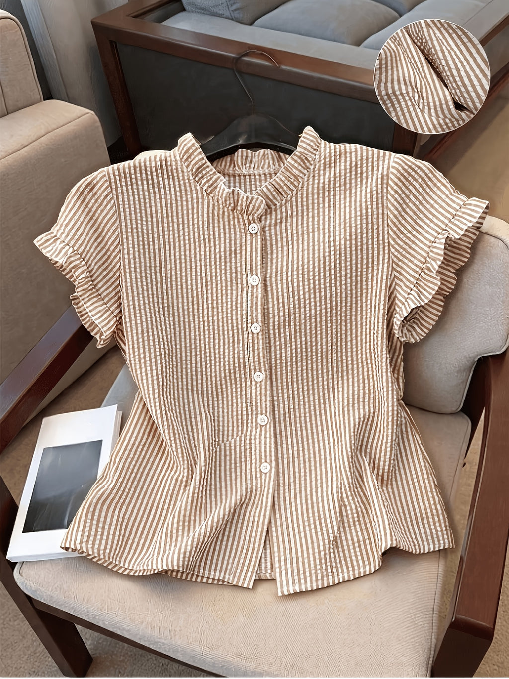 Women's Ruffle Collar Short Sleeve Single-Breasted Striped Shirt, Summer - Khaki