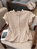 Women's Ruffle Collar Short Sleeve Single-Breasted Striped Shirt, Summer - Khaki
