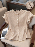 Women's Ruffle Collar Short Sleeve Single-Breasted Striped Shirt, Summer - Khaki