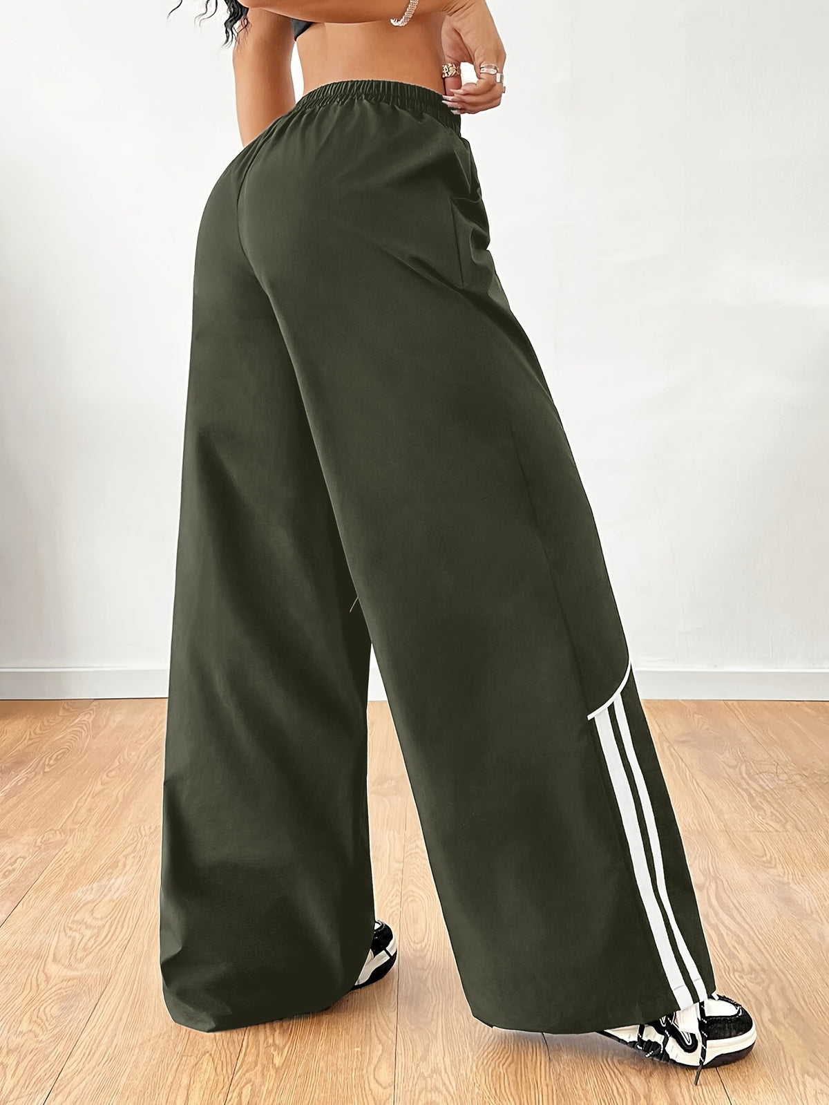 Women's Fashion Y2K Streetwear Wide-Leg Pants with Side Tie Design, Hip-Hop Joggers, Elastic Waist Wide-Leg Pants, Casual Swear, Harem Pants - Army Green