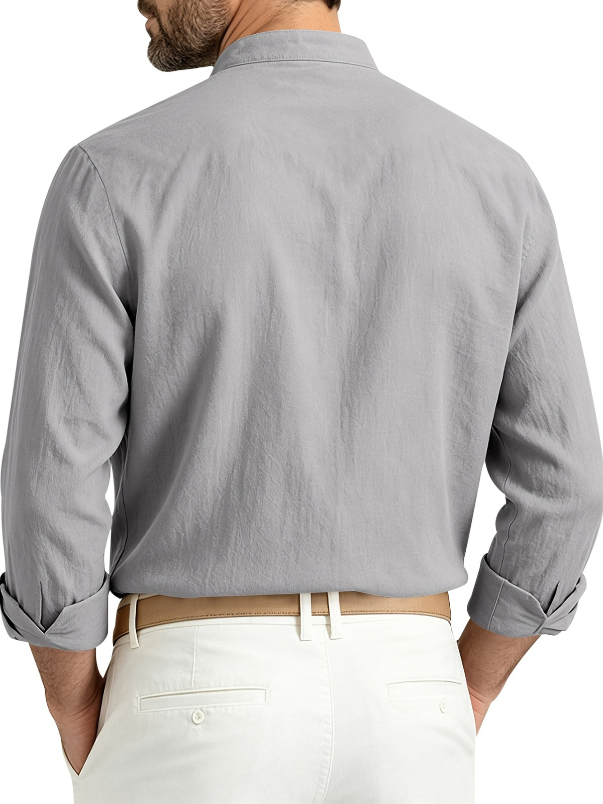 Men's Spring/Autumn Linen Loose-Fit Casual Simple Breathable Button-Front Roll-Up Sleeve Long-Sleeve Stand Collar Shirt - Grey