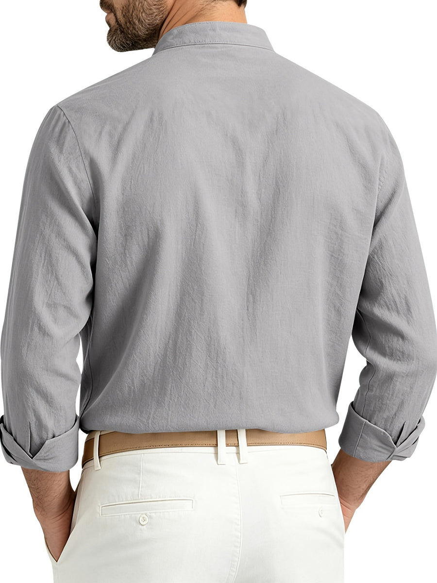 Men's Spring/Autumn Linen Loose-Fit Casual Simple Breathable Button-Front Roll-Up Sleeve Long-Sleeve Stand Collar Shirt - Grey