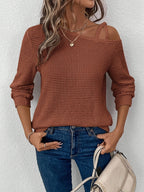 Women's Fashion Cross-Strap Casual Long Sleeve T-Shirt - Brick Red